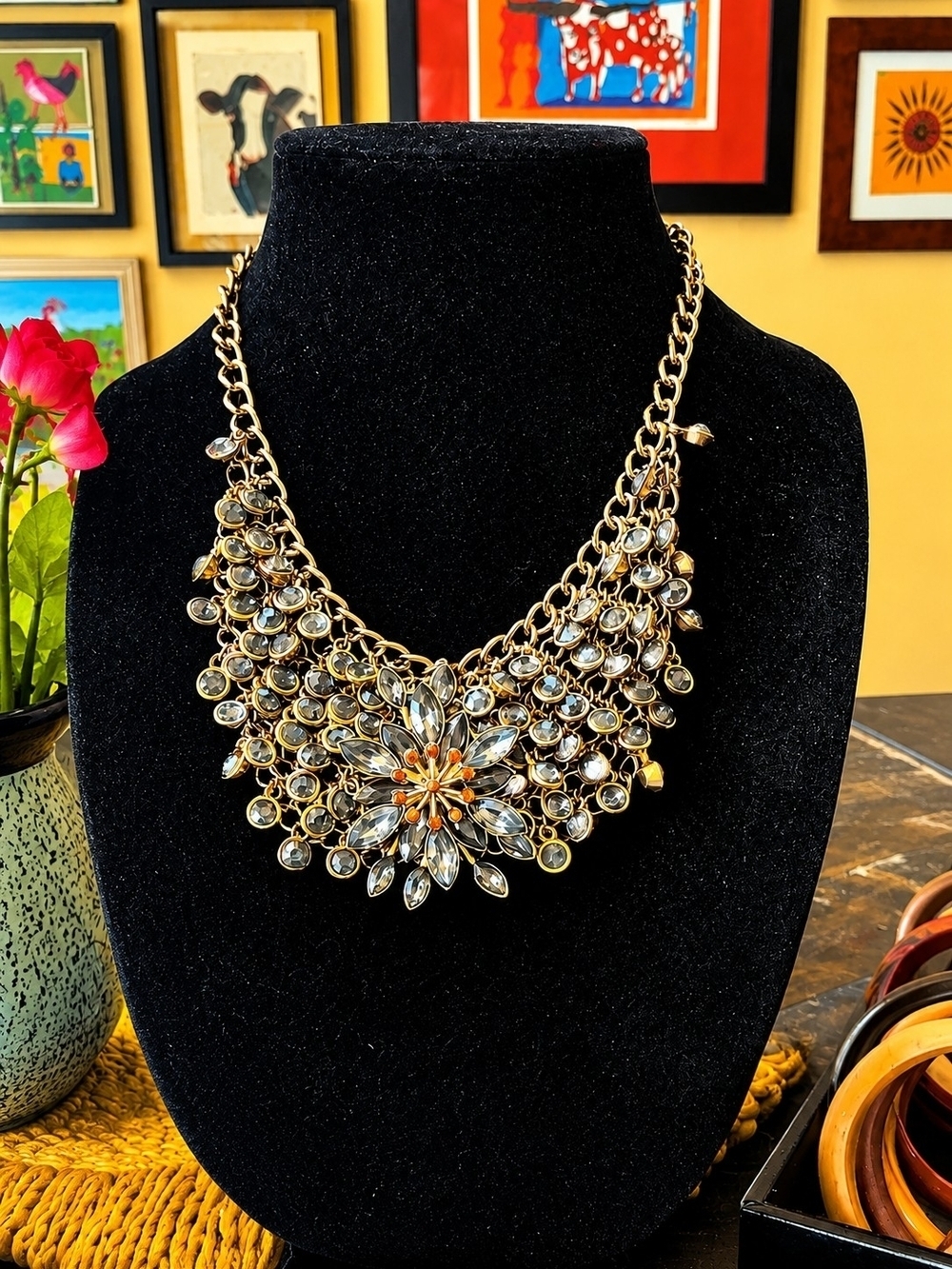 Gold Crystal Statement Necklace with Clear and Amber Accents